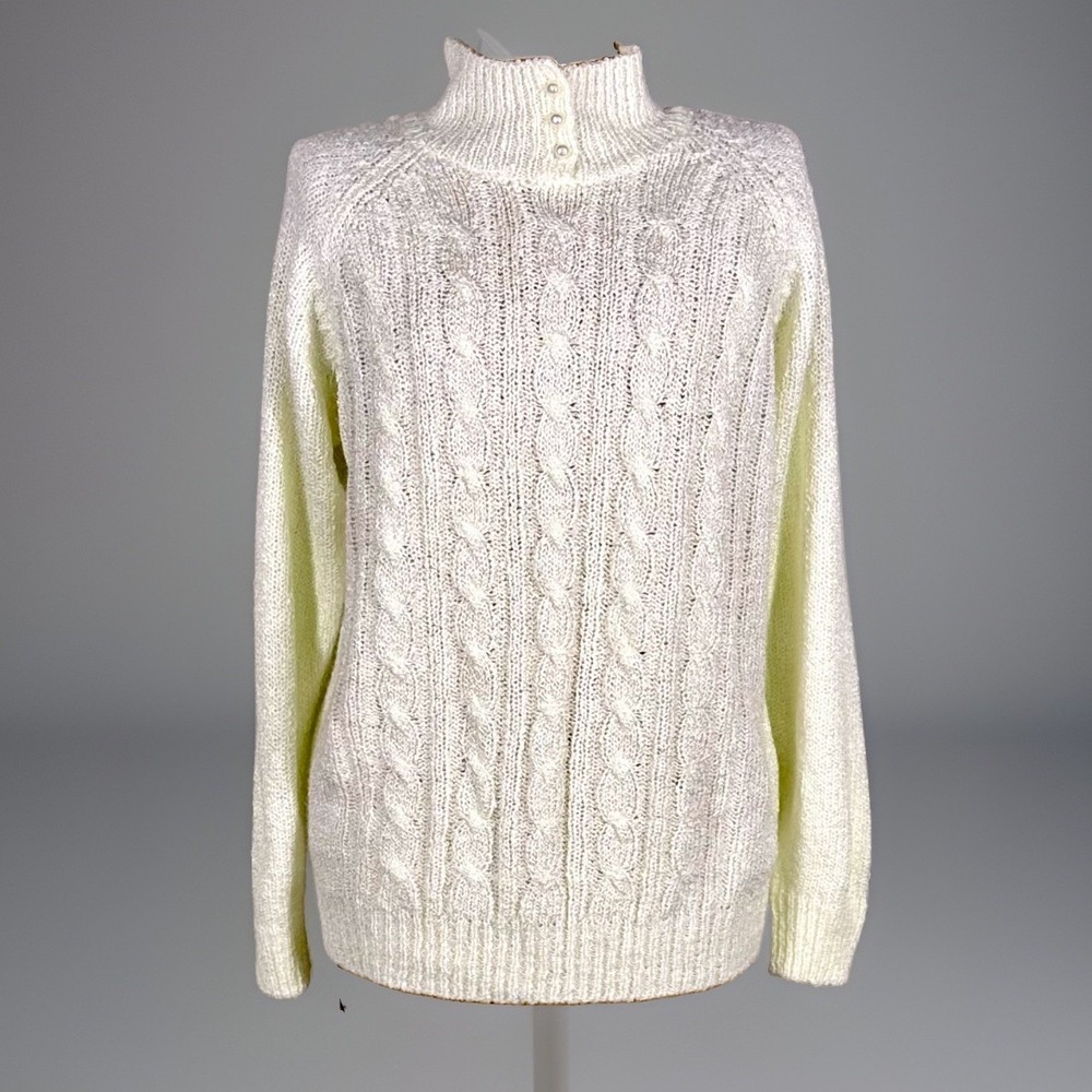 Vtg Miranda Cream Cable Knit Sweater M Pearl Button Mock Neck Cottage Grannycore